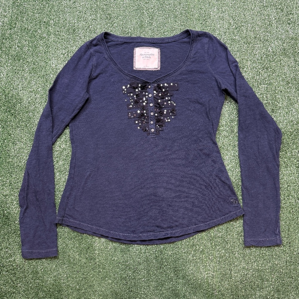 Vintage Abercrombie & Fitch Henley Shirt Womens L Blue Long Sleeve Ribbed Top - Picture 1 of 6